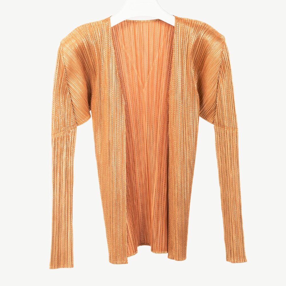 Pleats Please Issey Miyake Terracotta Metallic-Pattern Open-Front Cardigan